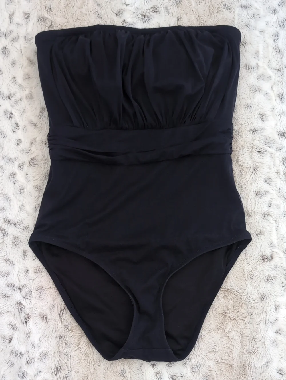J. Crew Navy Ruched Bandeau One-Piece Swimsuit.